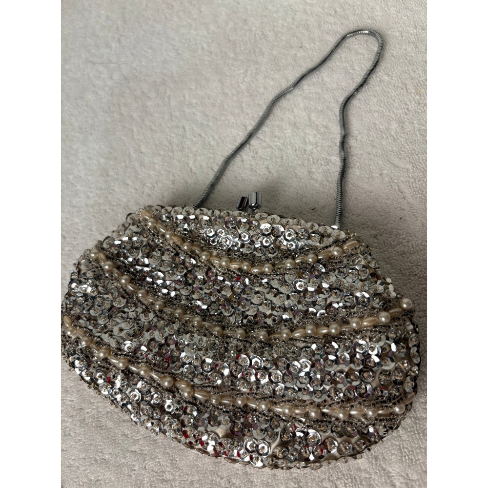 Sparkling Silver Sequin Pearl Beaded Clutch Evening Handbag
